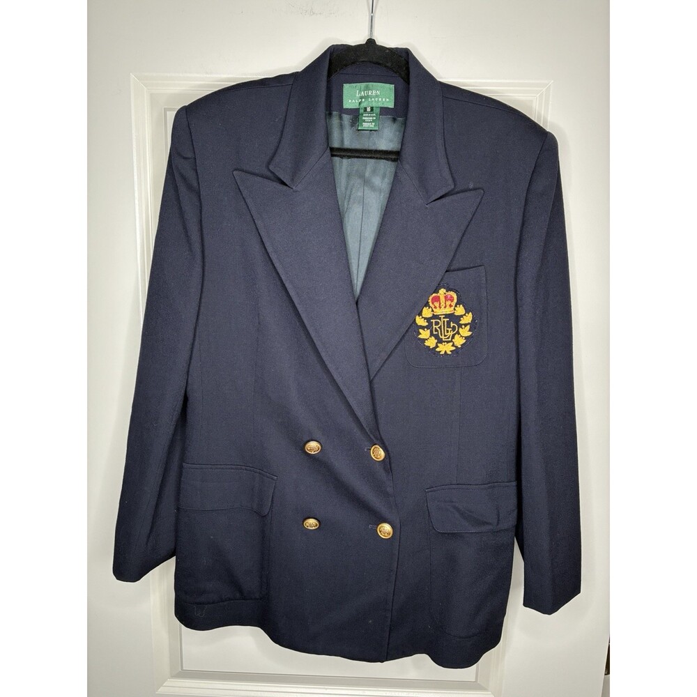 Ralph Lauren Double Breasted Wool Blazer Gold Crest in Navy Size 16